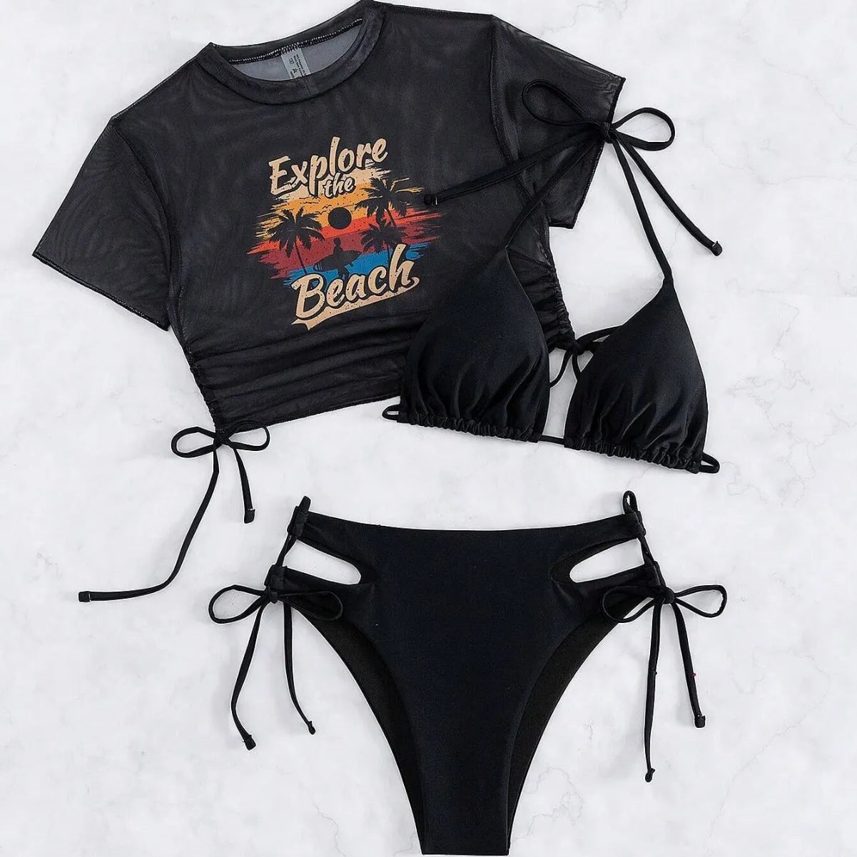 Women's three-piece bikini swimsuit set with short sleeves and high-waisted shorts in nylon spandex fabric