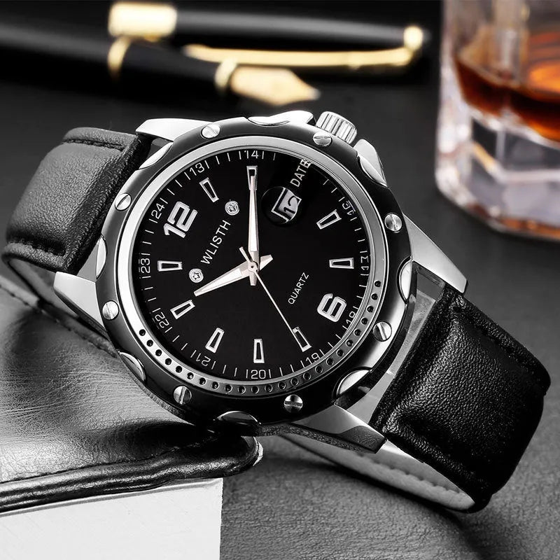 Men's waterproof quartz watch with calendar, black or white dial, steel or leather strap, 11mm thick