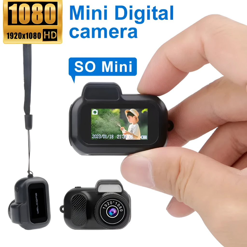 Black retro-style mini digital video camera with a built-in LCD screen on the back.