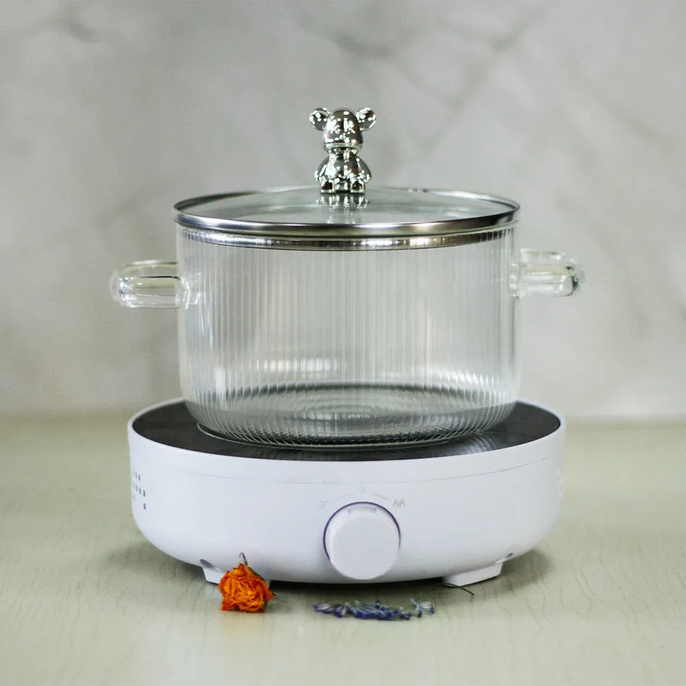 Transparent borosilicate glass milk pot with double ears and glass lid, 1600ml non-stick hot pot