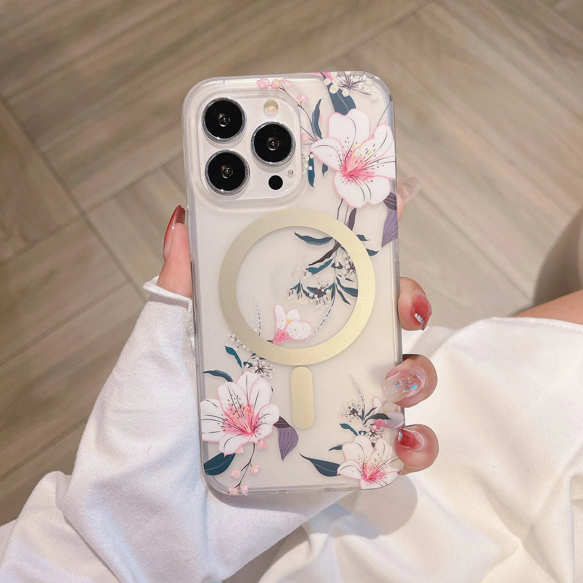 Clear frosted flower iPhone case with magnetic suction, shockproof TPU PC rear cover for iPhone 11-16 models.