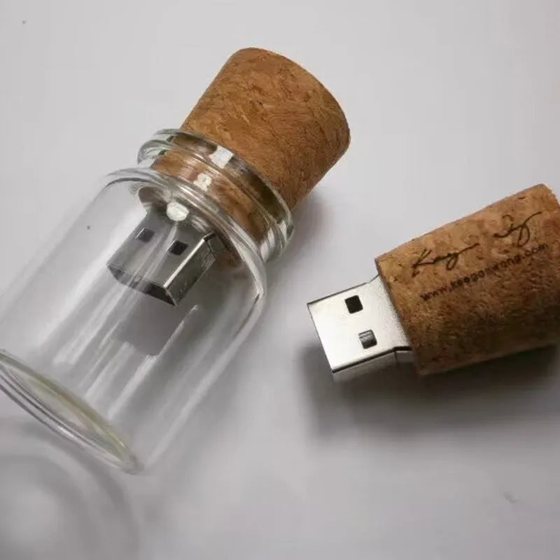 Transparent drift bottle shaped USB flash drive with a wooden cap, showing product dimensions.