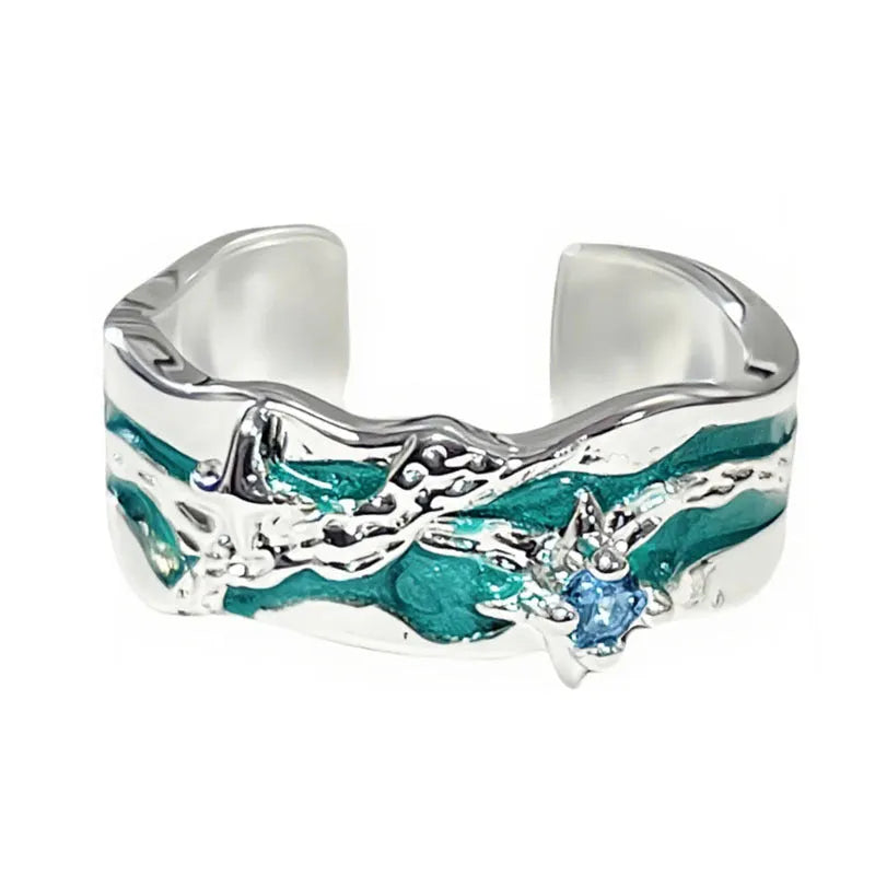 Mint green enamel asterism copper ring with folding irregular design and eight awn star elements