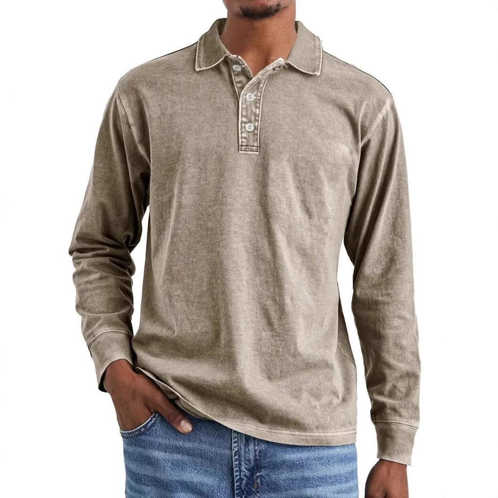 Men's retro-style long sleeve polo shirt in washed cotton with a lapel collar, shown in Army Green.