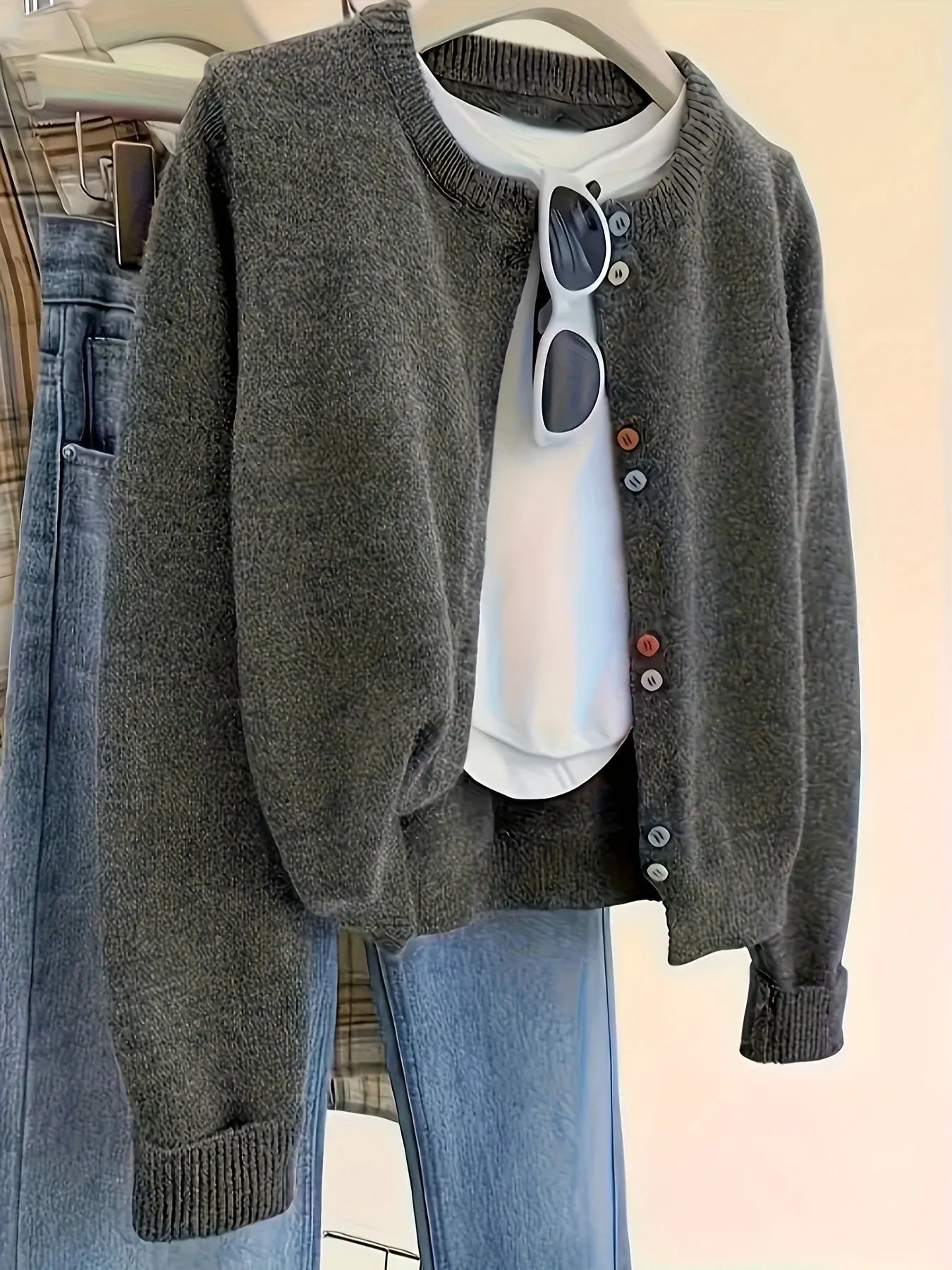 Dark grey women's polyester cardigan with button front and regular sleeves