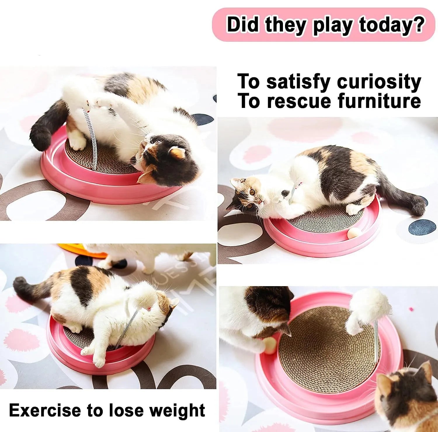 Blue interactive cat scratcher toy with ball track and replaceable corrugated cardboard scratching pad