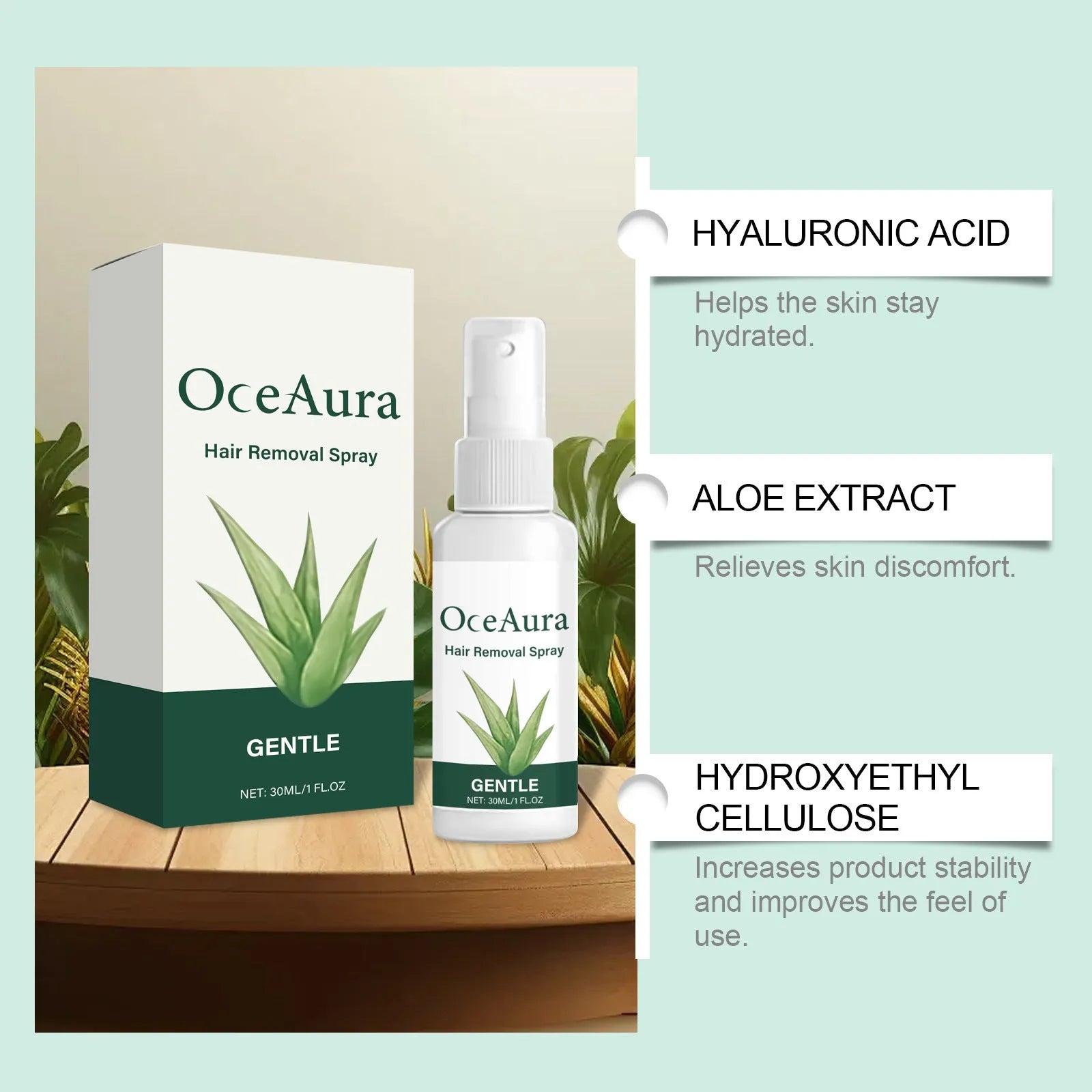 30ml bottle of moisturising hair removal spray with hyaluronic acid and aloe extract.