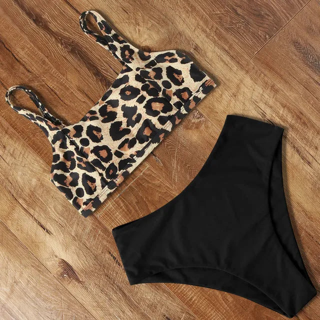 Women's high-waist leopard print bikini with push-up bra in polyester fabric