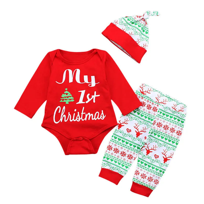 Red cotton baby three-piece suit with long sleeve jumpsuit, pants, and hat featuring letter print