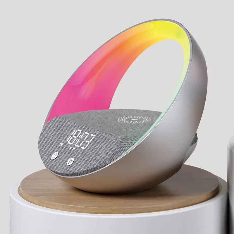 Beige and grey multifunctional wireless charging clock with Bluetooth speaker and LED light display.