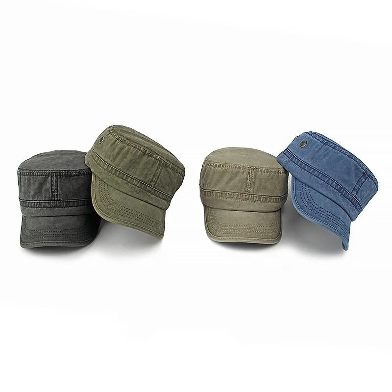 Cotton military flat top cap with adjustable strap in army green colour