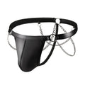 Black men's patent leather-look thong underwear with chain detailing on the front.