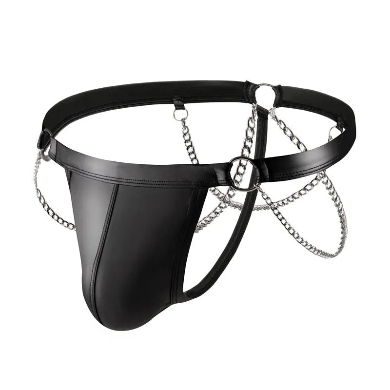 Black men's patent leather-look thong underwear with chain detailing on the front.