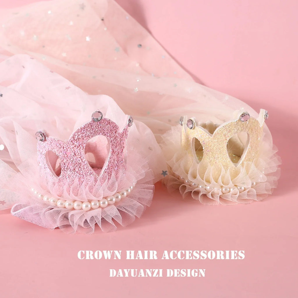 Cat wearing princess crown headdress with veil in beige or pink colour for wedding celebrations