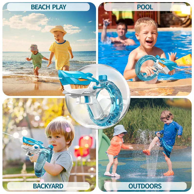 Blue Shark-shaped electric water gun toy with large tank on a summer beach.