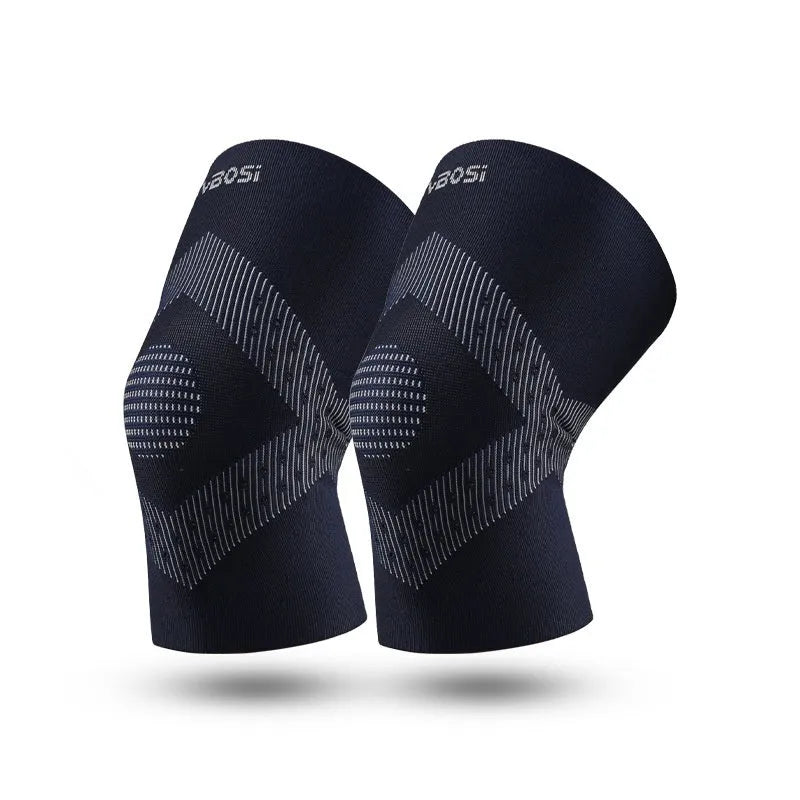 Sports running knee pad in black for adults, polyester fibre construction for joint protection during badminton and skipping.