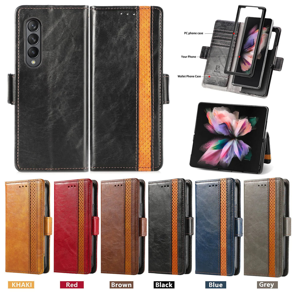 Samsung Galaxy Z Fold4 5G and Z Fold3 5G TPU leather folding phone case with bracket and card holder in six colours