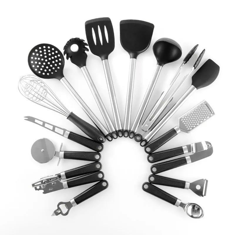 Black silicone spatula set with stainless steel handles containing 16 kitchen utensils