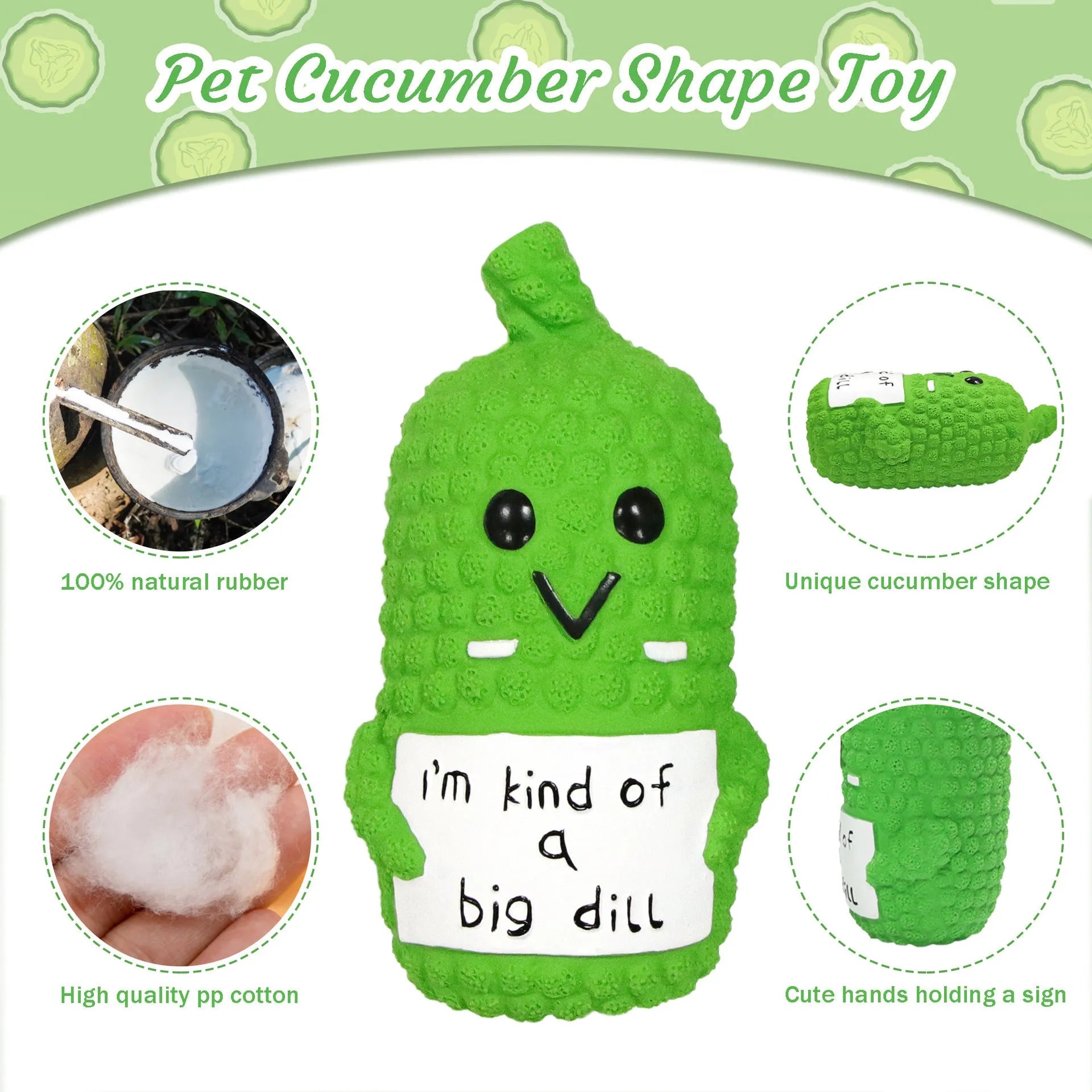 Green pickle-shaped latex squeaky dog toy with textured nubs on a white background.