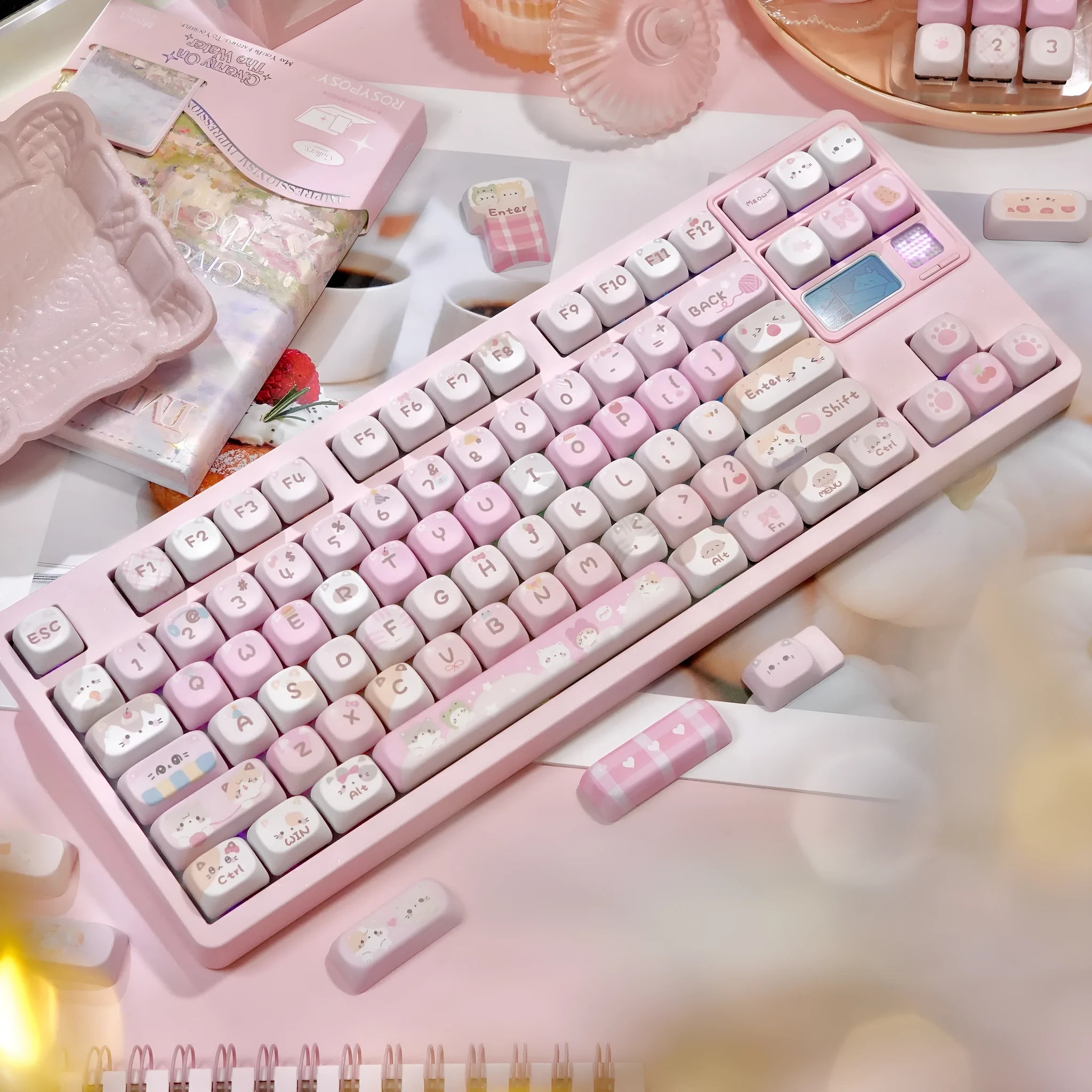 MOA height pink plastic key caps with cartoon character design on all five sides