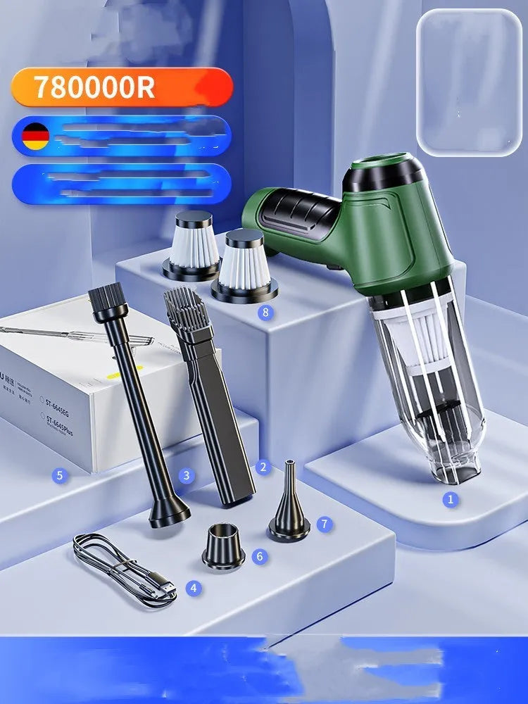 Green handheld cordless vacuum cleaner for car interiors with attachments.