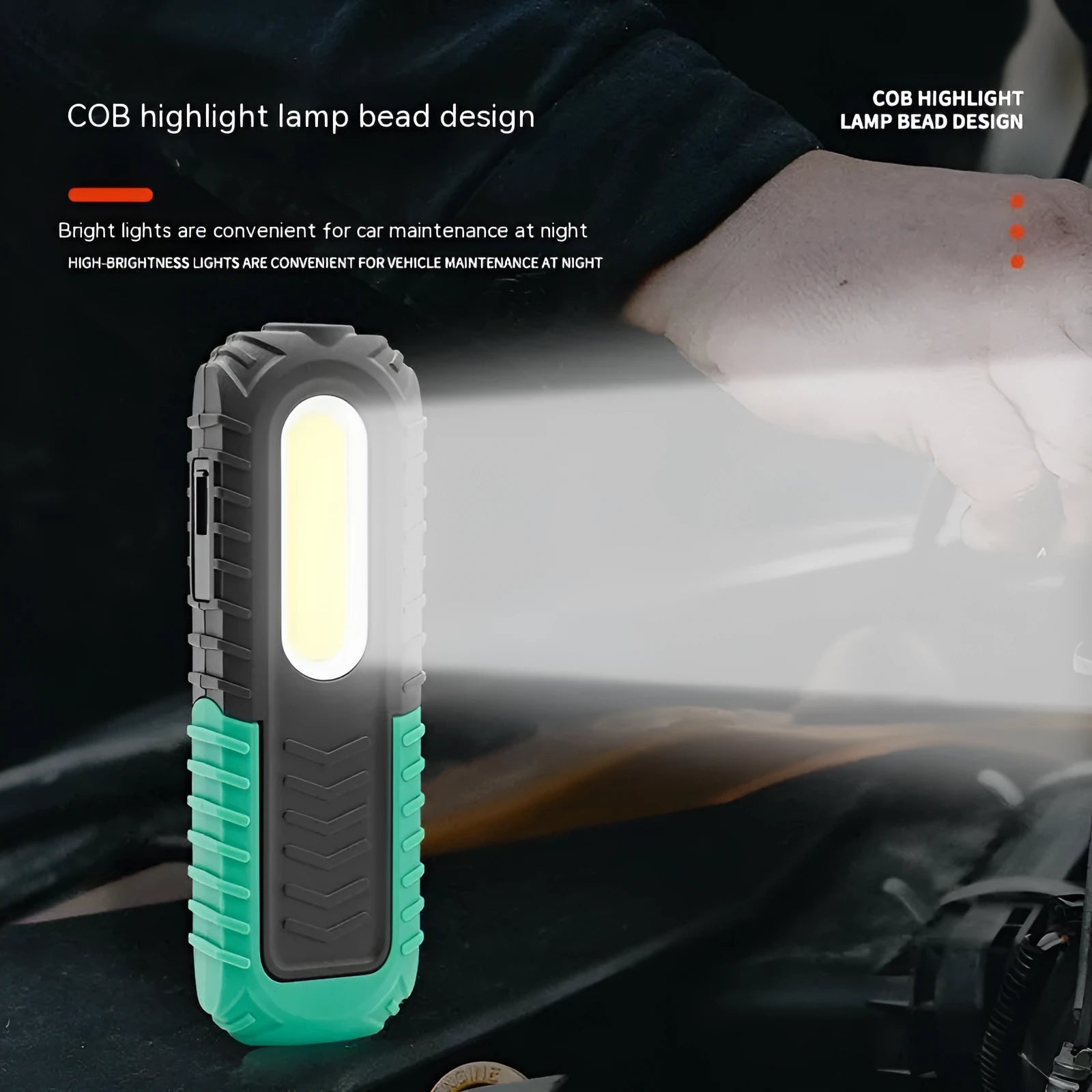 Black and green USB rechargeable auto repair work light with ABS plastic PET coating