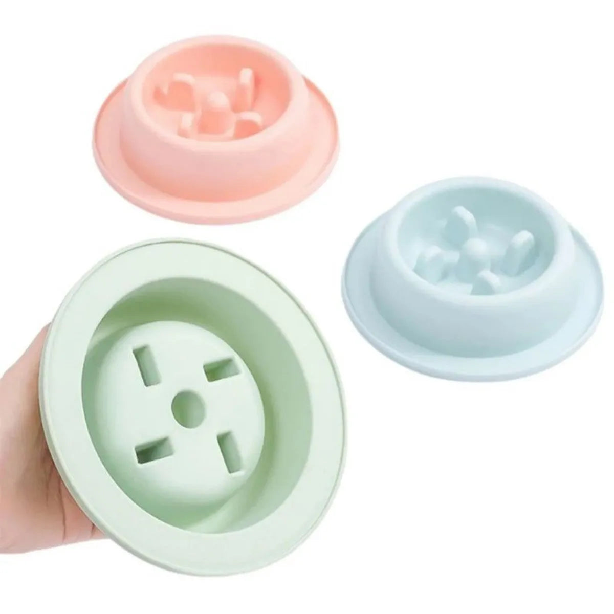 Blue slow feeder dog bowl with raised maze pattern for anti-choke feeding