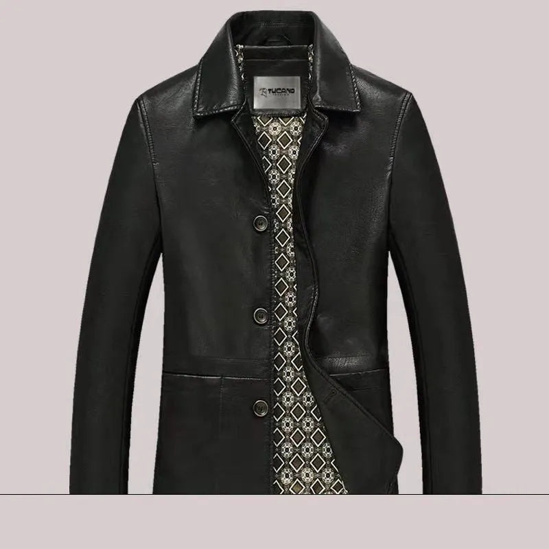 Men's solid colour PU leather polo collar coat with extended 100cm length and tight fit in black