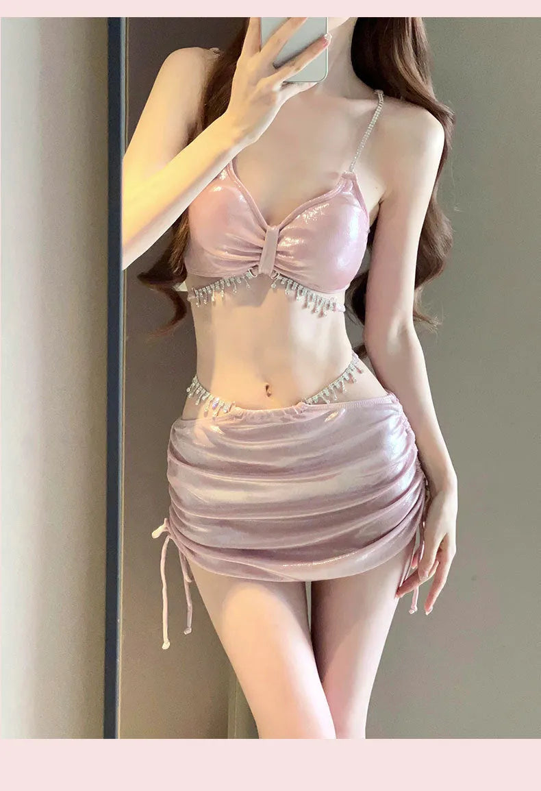 Women's polyester bikini swimsuit set in solid black or pink colour with sizes S M L XL