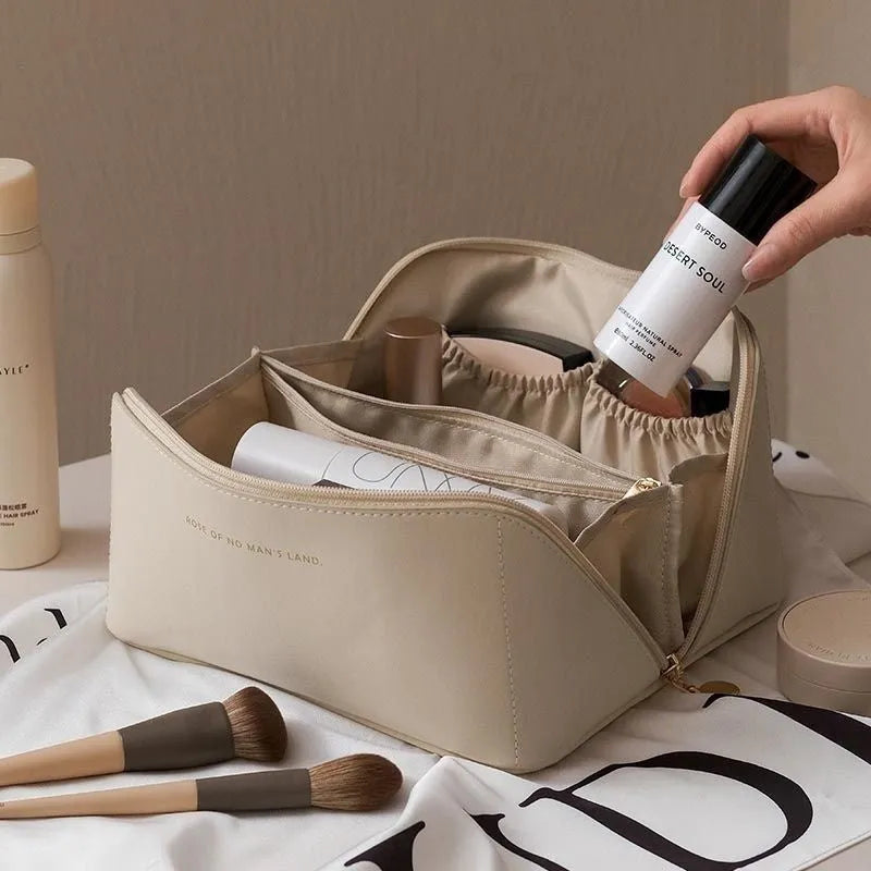 Large Capacity Travel Makeup Storage Bag PU Leather 23.5x10.5x11cm Solid Colour Urban Simplicity Daily Use White Pink Light Brown Black Organiser Case