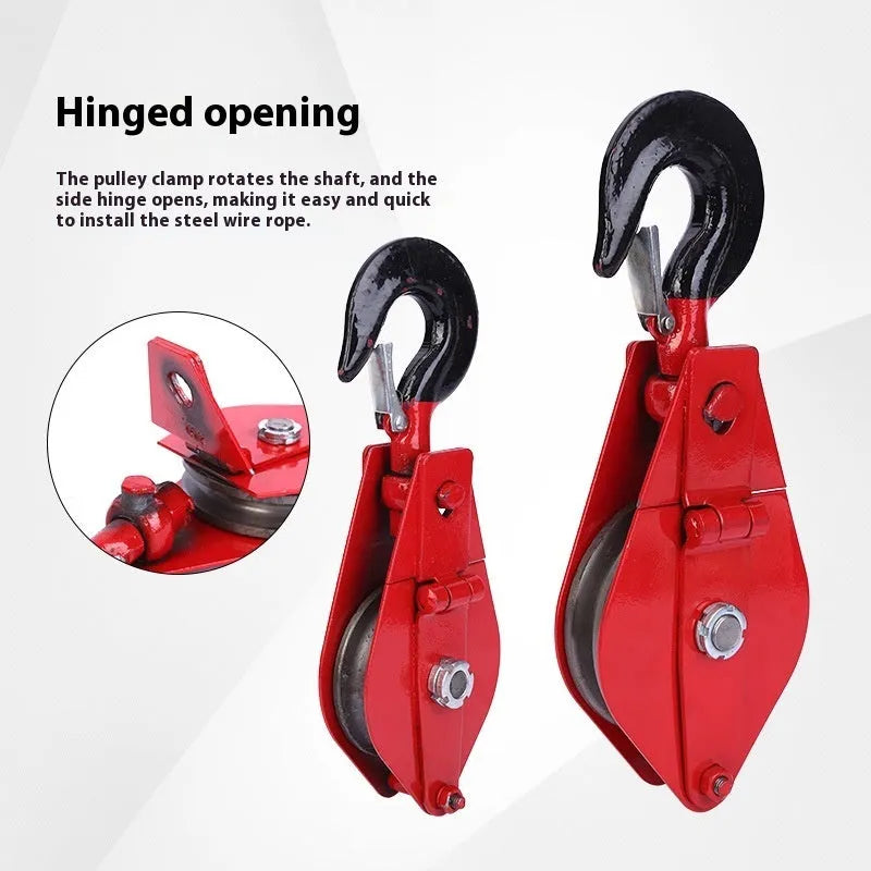 Red industrial lifting pulley with a safety latch on the forged steel hook.