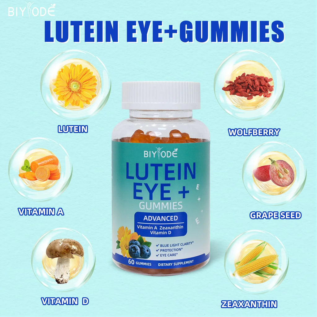 Bottle of lutein gummies eye health supplement, 60 count, with bilberry grapeseed and wolfberry