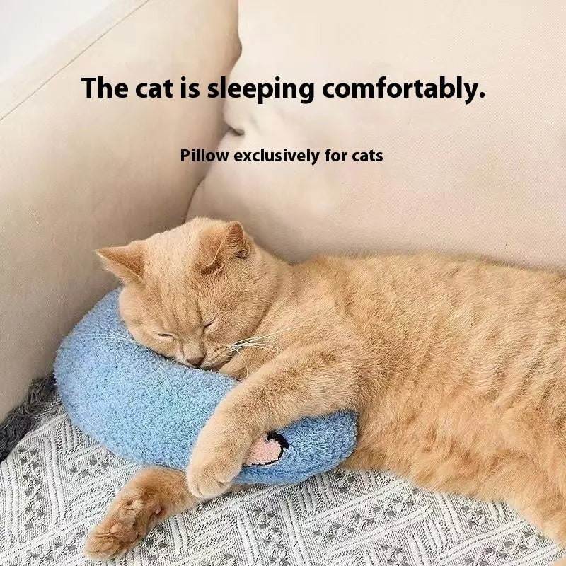 Blue cloth cat sleeping mat with a U-shaped neck pillow in a question mark style.