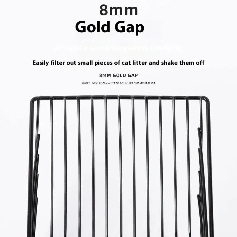 Black alloy metal cat litter scoop showing 0.8cm mesh detail