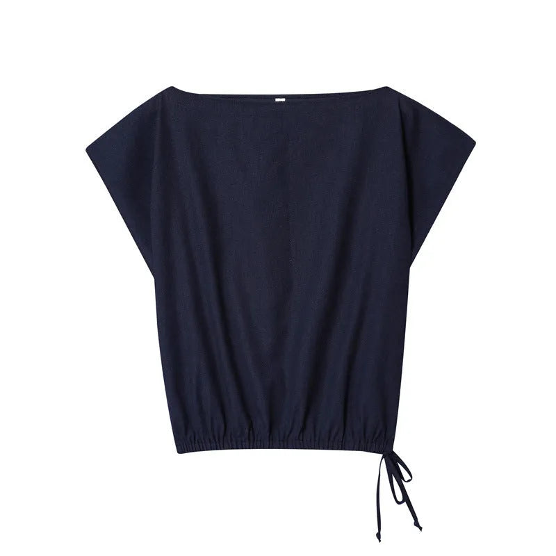 Women's linen-look polyester blend suit set with flounced sleeve shirt and wide leg trousers.