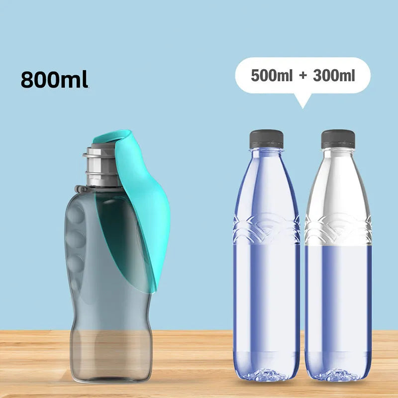 Blue grey portable dog water bottle with foldable drinking bowl showing 800ml capacity markings