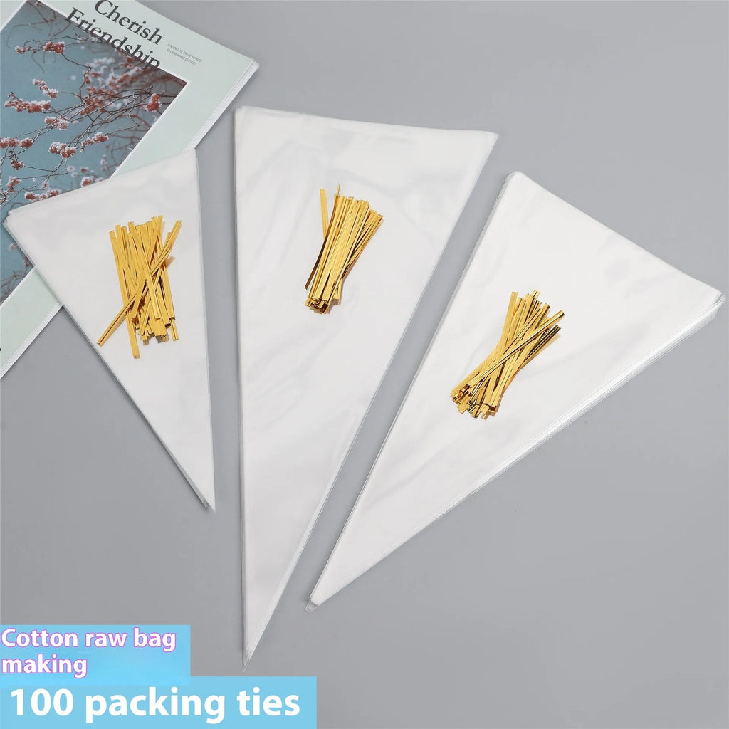 Clear plastic triangle-shaped packaging bag with a silver tie wire closure.