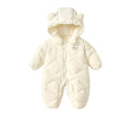 Baby hooded down jumpsuit in beige or brown, polyester, thickened, long sleeve, cartoon print, sizes 66-90cm