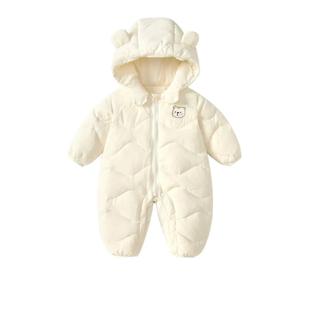 Baby hooded down jumpsuit in beige or brown, polyester, thickened, long sleeve, cartoon print, sizes 66-90cm