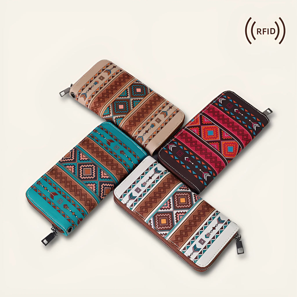 Bohemian striped canvas RFID wallet showing anti-theft card protection features