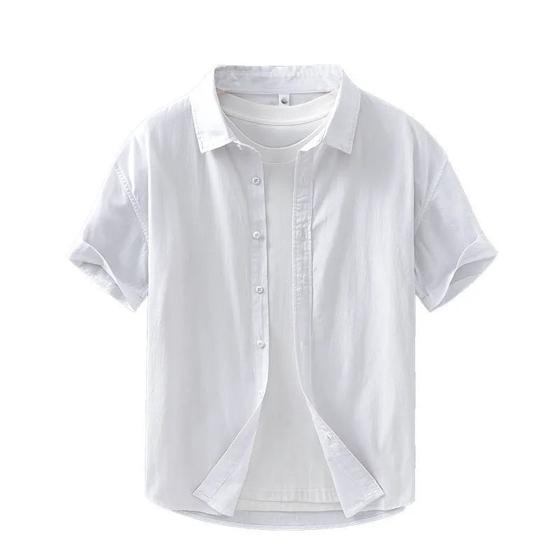 Men's short-sleeved cotton shirt in loose cardigan style available in multiple colours