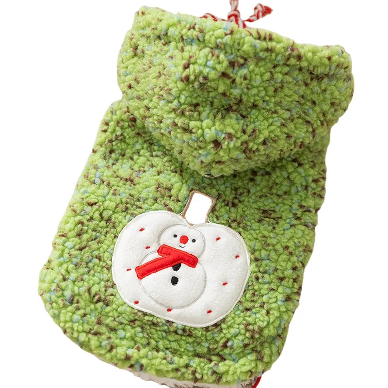 Snowman embroidered sherpa pet hoodie in pink with colourful dots for small dogs