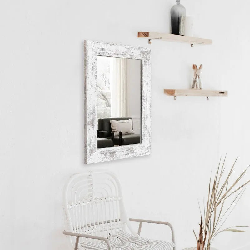 Wall-mounted retro Chinese style dressing mirror in little white colour, shown in bathroom setting