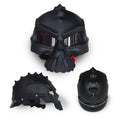 Reversible motorcycle helmet with skull artwork on both sides in black, grey, and red colour options