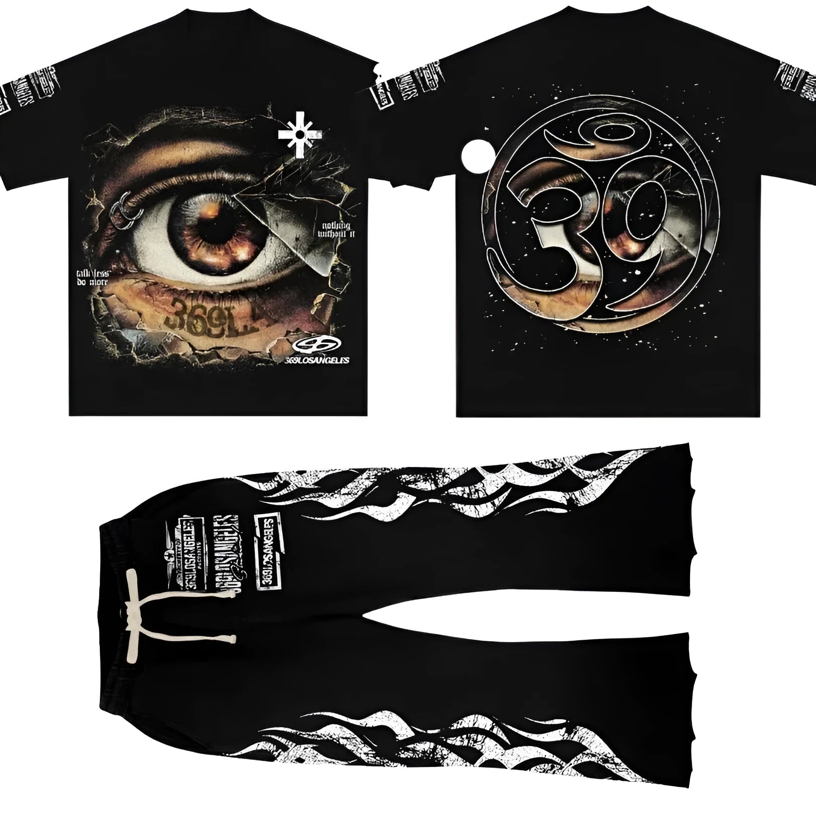 Piercing Vision black short-sleeve t-shirt and flare sweatpants set unisex sportswear