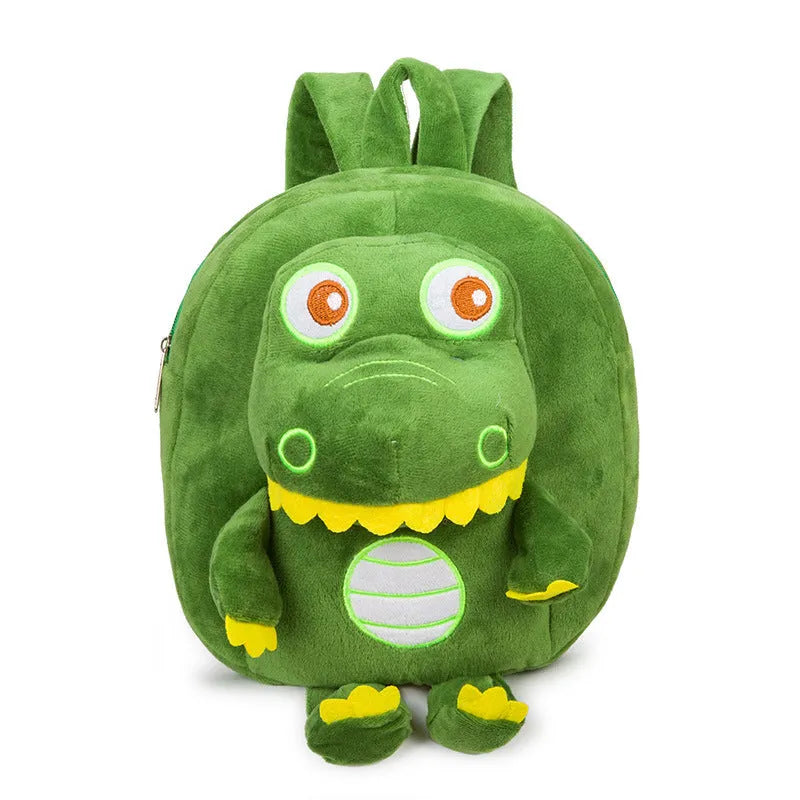 Soft blue dinosaur plush backpack for children with embroidery, shown with a soft handle and polyester lining.