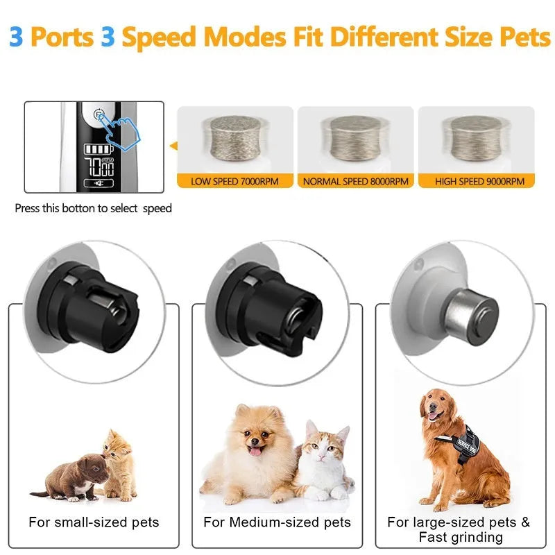 3-speed LED electric nail trimmer for dogs with dust collection compartment.