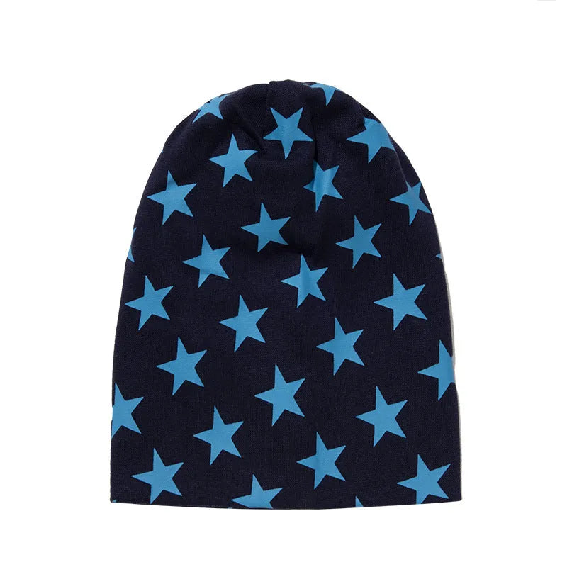 Little star pattern infant hexagonal cap in blue cotton knit, breathable winter beanie for babies