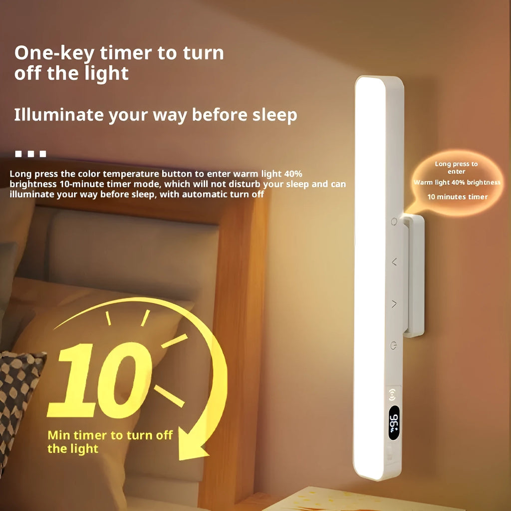 Magnetic rechargeable table lamp with long strip light bar, touch remote control, and built-in lithium battery for dormitory study use.