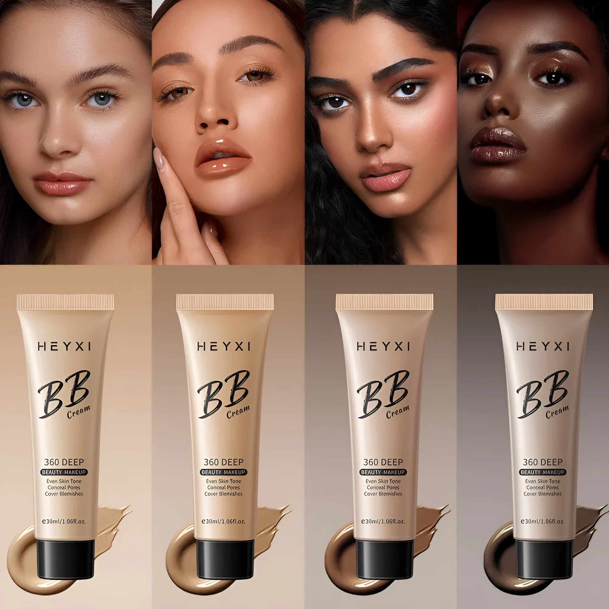 BB cream cosmetic tube in one of four shades (01, 02, 03, 04), waterproof and sweat-resistant formulation.